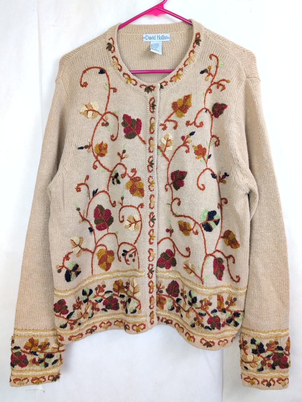 Vintage David Hollis tan leaf embroidered snap front cardigan sweater Size L